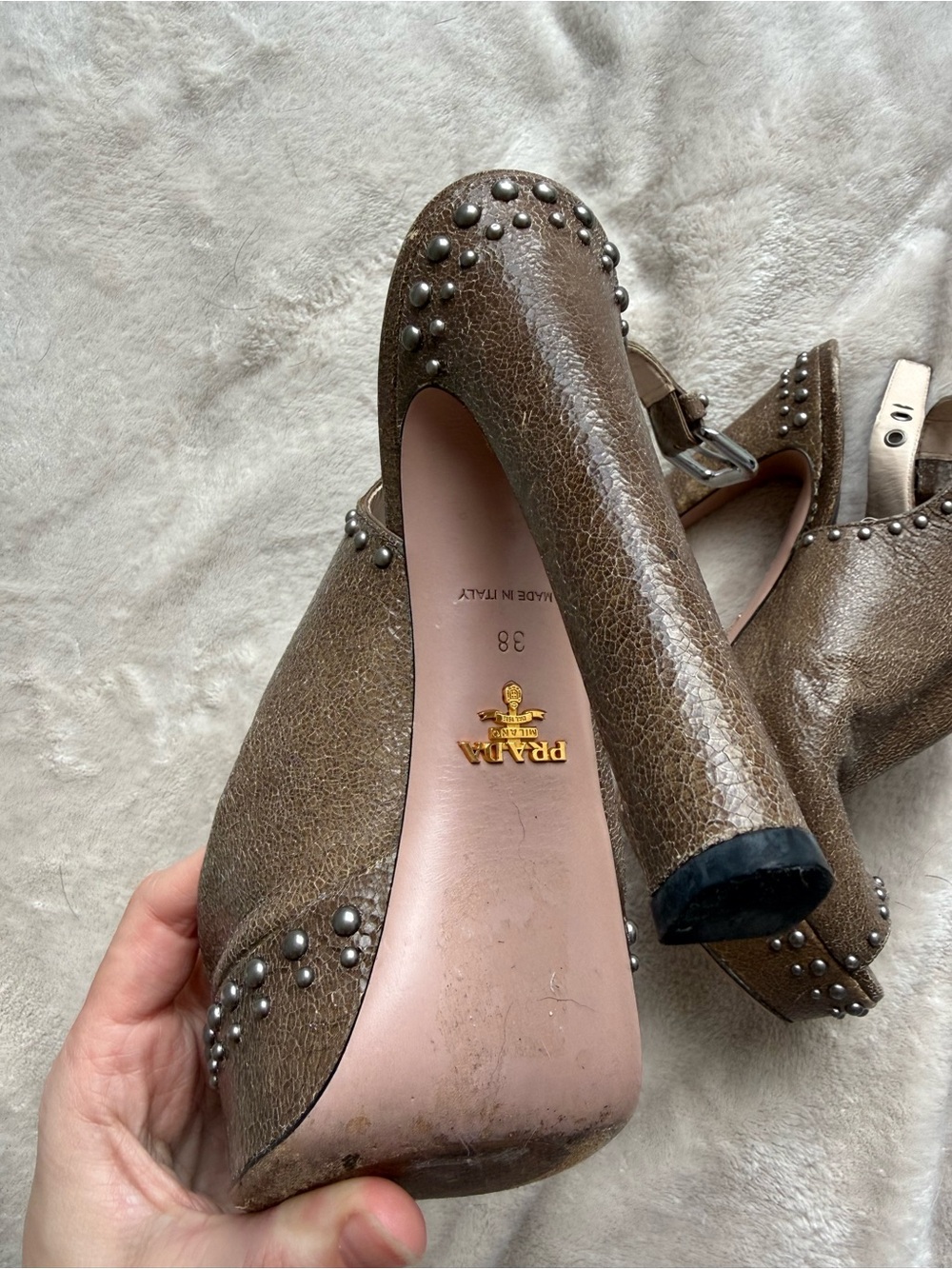 Prada Metallic Taupe Studded Peep-Toe Slingback Heels - Picture 2 of 6